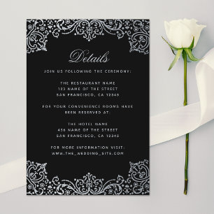 Tarjeta De Recepción Detalles de Boda Vintage Negro Plateado Falso Eleg