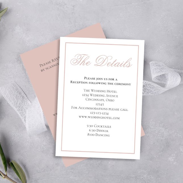 Tarjeta De Recepción Detalles de caligrafía elegante rosa de Rubor RSVP (Wedding blush pink details card with QR code template. )