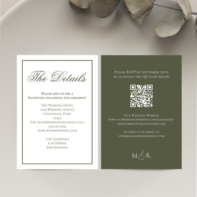 Tarjeta De Recepción Detalles de caligrafía verde elegante RSVP (Olive green wedding details card with scannable QR Code. )