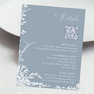 Tarjeta De Recepción Detalles de código QR de boda botánica Dusty Blue