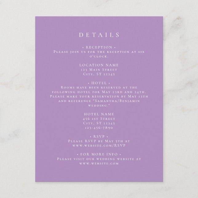 Tarjeta De Recepción Detalles de Coordenadas de Lila Elegante (Anverso)