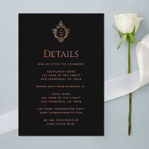 Tarjeta De Recepción Detalles de Cresta Monograma Antiguo de Boda Negro