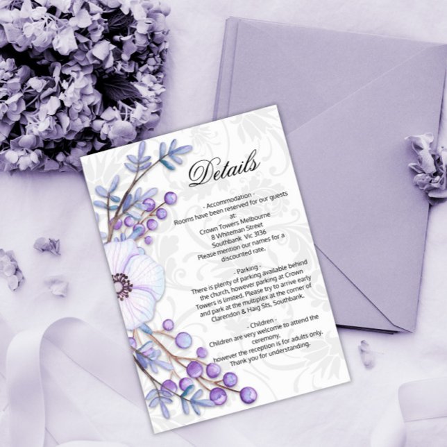 Tarjeta De Recepción Detalles de Damasco de Boda morado floral (Subido por el creador)