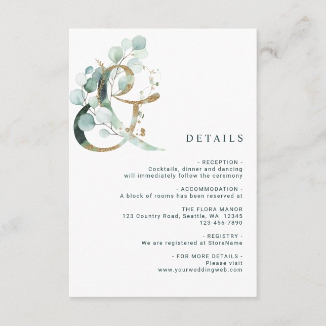 Tarjeta De Recepción Detalles de Eucalyptus Ampersand Gold Green Boda (Anverso)