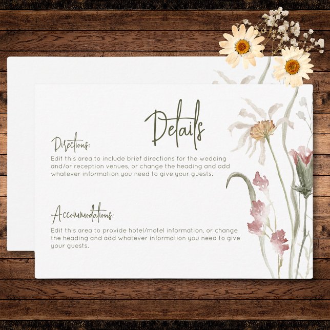 Tarjeta De Recepción Detalles de Flor Floral Moderna Boho Pastel (Boho Pastel Wildflowers Modern Floral Details Enclosure Card)