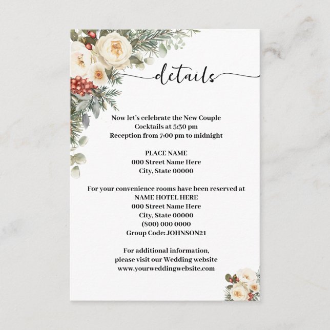 Tarjeta De Recepción Detalles de flores blancas de invierno de boda (Anverso)