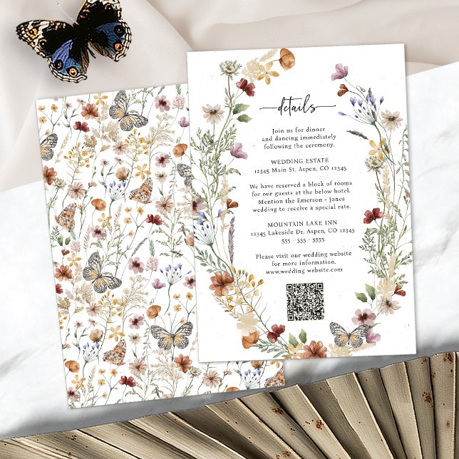 Tarjeta De Recepción Detalles de flores silvestres boho rústicos (Rustic Boho Wildflower Details Enclosure Card with QR Code by Painted Paperie
)