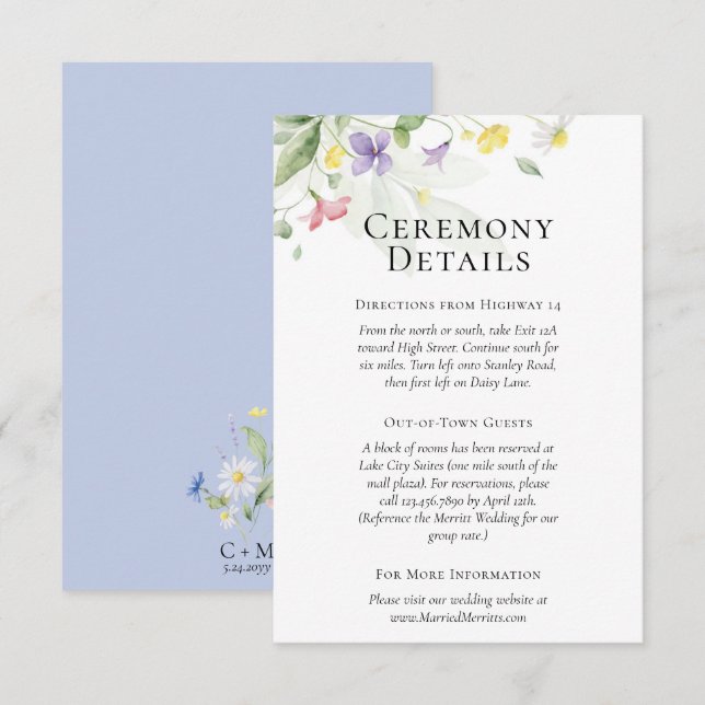 Tarjeta De Recepción Detalles de Flores Silvestres en Acuarela Simple / (Anverso / Reverso)