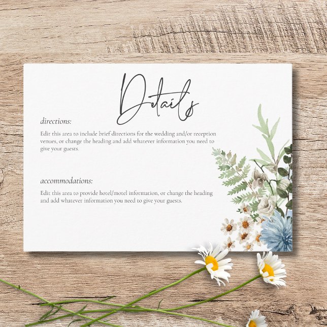 Tarjeta De Recepción Detalles de flores silvestres rusticas y azul turq (Rustic Dusty Blue Wildflowers & Daisies Details Enclosure Card)