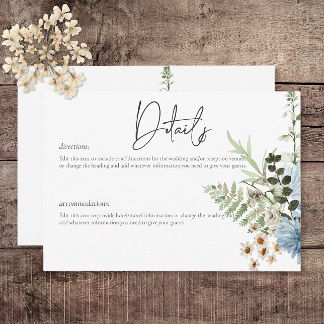 Tarjeta De Recepción Detalles de flores silvestres rusticas y azul turq (Rustic Dusty Blue Wildflowers & Daisies Wedding Details Card)
