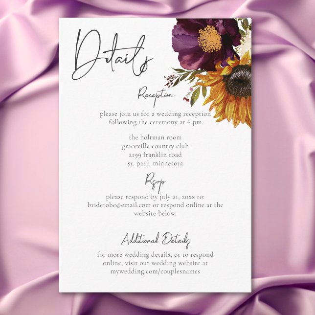 Tarjeta De Recepción Detalles de flores silvestres y girasoles de veran (Rustic Summer Wildflowers & Sunflowers Details Enclosure Card)