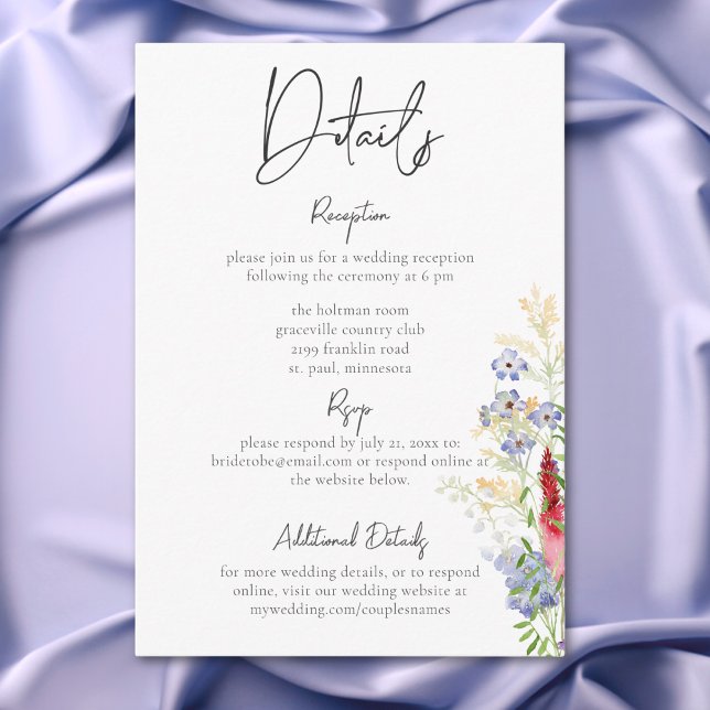 Tarjeta De Recepción Detalles de flores silvestres y girasoles de veran (Rustic Summer Wildflowers & Sunflowers Details Enclosure Card)