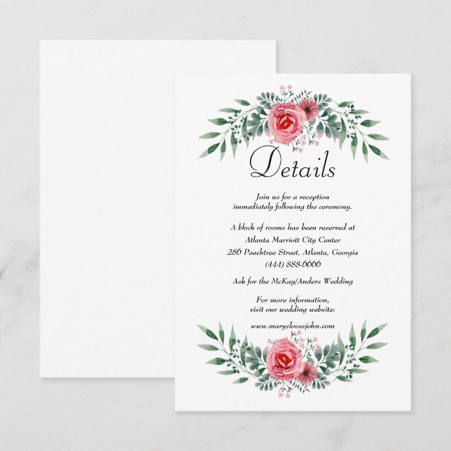 Tarjeta De Recepción Detalles de follaje verde y rosa de acuarela (Anverso / Reverso)