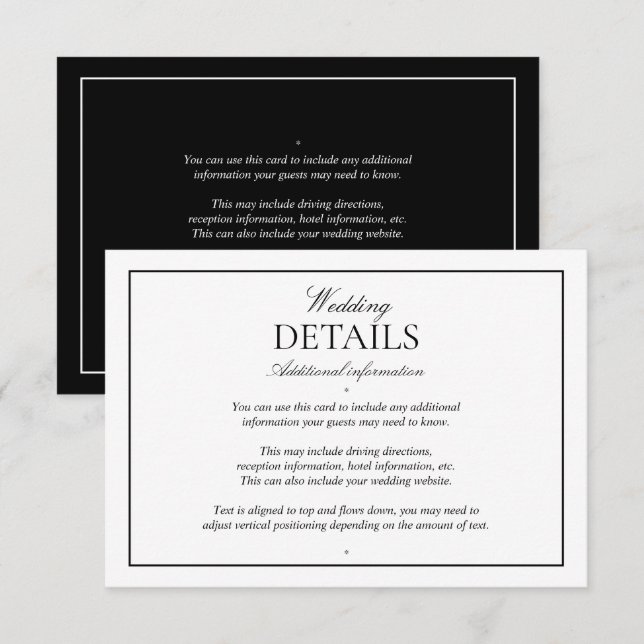 Tarjeta De Recepción Detalles de guión clásico blanco negro elegante (Anverso / Reverso)