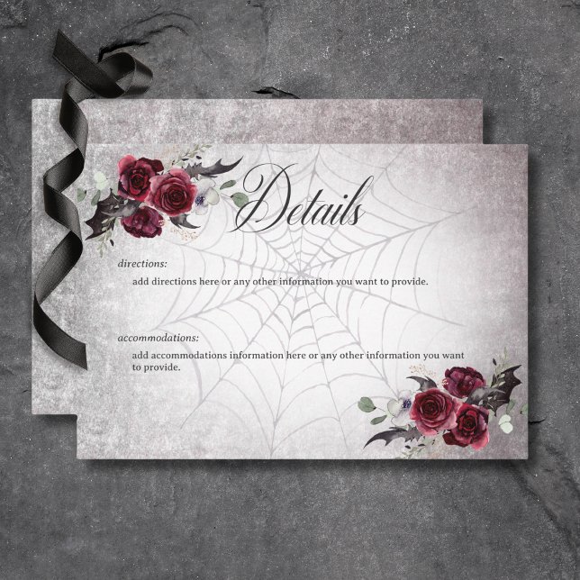 Tarjeta De Recepción Detalles de Halloween Rústico Gótico Negro y Borgo (Rustic Gothic Black & Burgundy Halloween Wedding Details Card)