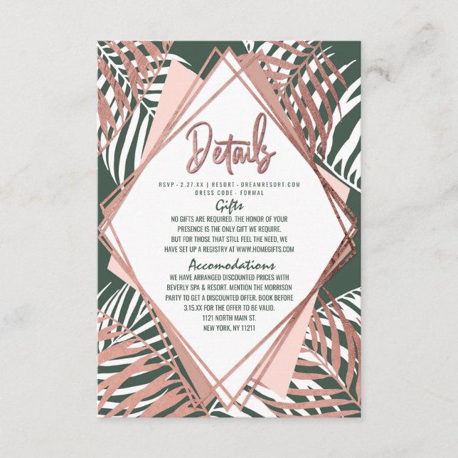 Tarjeta De Recepción Detalles de hojas de palmeras tropicales de Rosa v (Anverso)