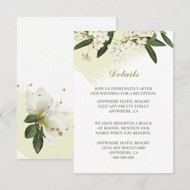 Tarjeta De Recepción detalles de hojas verdes de flores blancas y dorad (Anverso / Reverso)