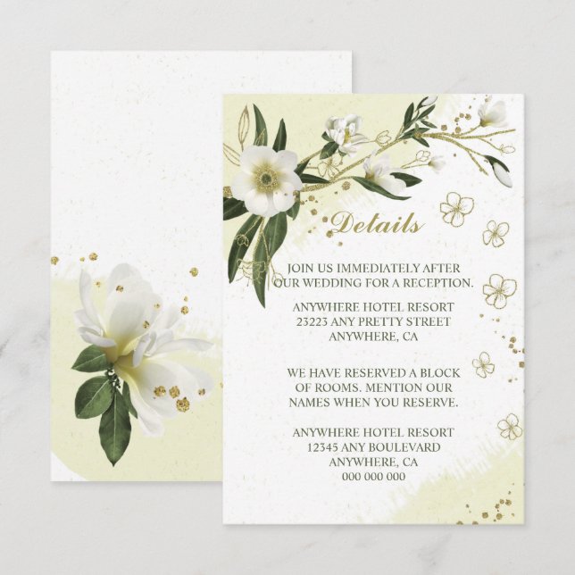 Tarjeta De Recepción detalles de hojas verdes de flores blancas y dorad (Anverso / Reverso)