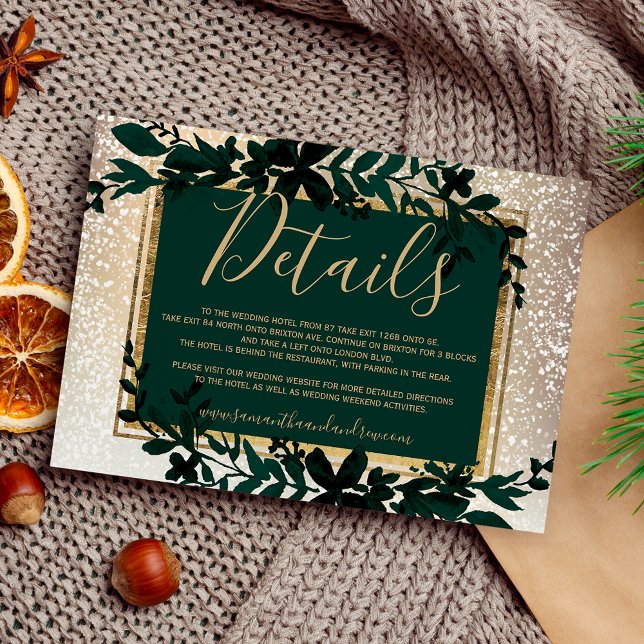 Tarjeta De Recepción detalles de invierno elegantes para la nieve de la (gold typography leaf snow elegant winter details enclosure card)