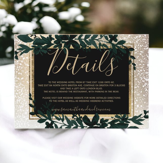 Tarjeta De Recepción detalles de invierno elegantes para la nieve de la (gold typography leaf snow elegant winter details enclosure card)