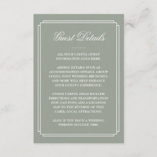Tarjeta De Recepción Detalles de Invitado de Boda Art Déco Verde Salvia