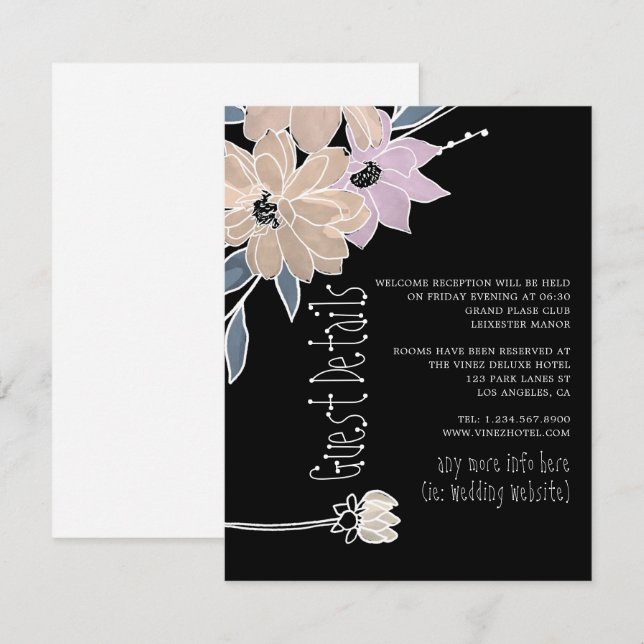 Tarjeta De Recepción Detalles de Invitado de Boda con Flores de Acuarel (Anverso / Reverso)