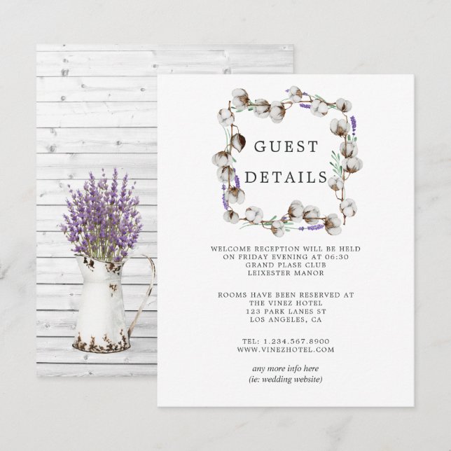 Tarjeta De Recepción Detalles de Invitado de Boda de Algodón y Lavanda  (Anverso / Reverso)