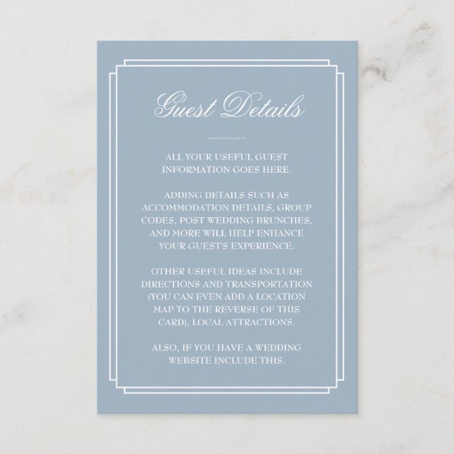 Tarjeta De Recepción Detalles de invitado de boda Dusty Blue Deco (Anverso)