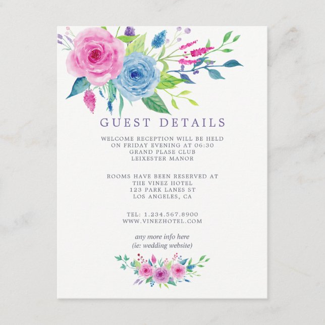 Tarjeta De Recepción Detalles de invitado de Boda floral acuarela (Anverso)