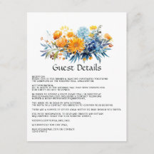 Detalles de invitado de boda floral azul, naranja