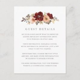 Tarjeta De Recepción Detalles de invitado de Boda floral de borgoña y m