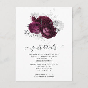 Tarjeta De Recepción Detalles de invitado de Boda floral de borgoña y p