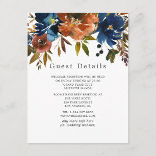 Tarjeta De Recepción Detalles de invitado de boda floral jengibre y azu