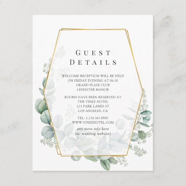 Tarjeta De Recepción Detalles de Invitado de Boda Geométrica de Eucalip (Anverso)