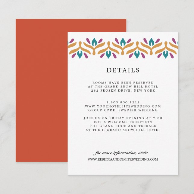 Tarjeta De Recepción Detalles de invitado de BODA Naranja de arte folcl (Anverso / Reverso)