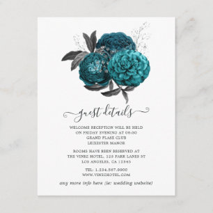 Tarjeta De Recepción Detalles de Invitado Floral Turquesa, Negro y Plat