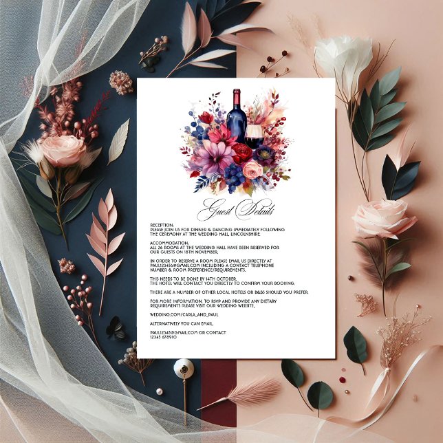 Tarjeta De Recepción Detalles de invitados de prueba de vinos de Borgoñ (Burgundy, Navy and Blush Wine Tasting Guest Details Enclosure Card)