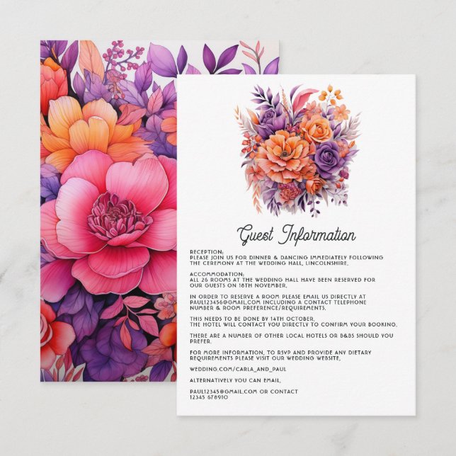 Tarjeta De Recepción Detalles de invitados Tangerine, Hot-Pink y Royal  (Anverso / Reverso)