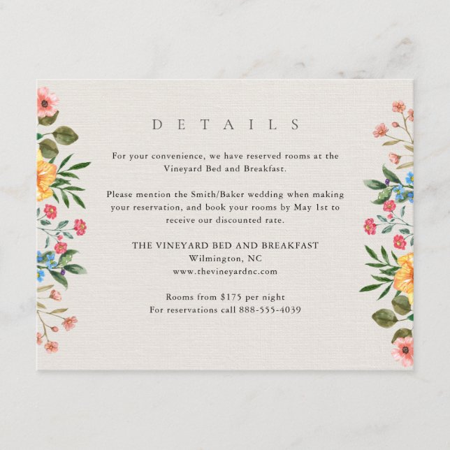 Tarjeta De Recepción Detalles de la boda botánica de Wildflowers Garden (Anverso)