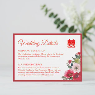 Tarjeta De Recepción Detalles de la boda china floral en acuarela rosa 