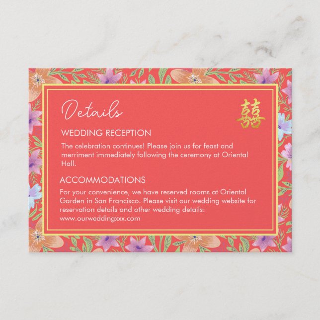 Tarjeta De Recepción Detalles de la boda china floral Peranakan roja (Anverso)