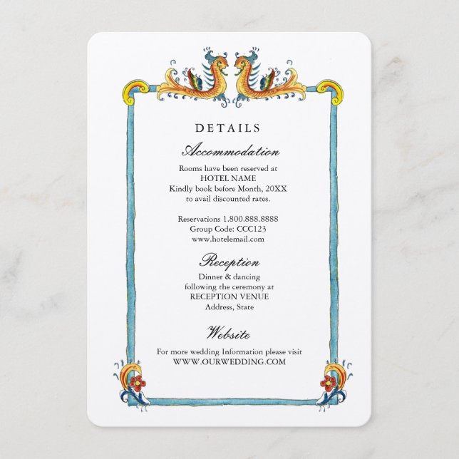 Tarjeta De Recepción Detalles de la boda de destino italiano (Anverso)