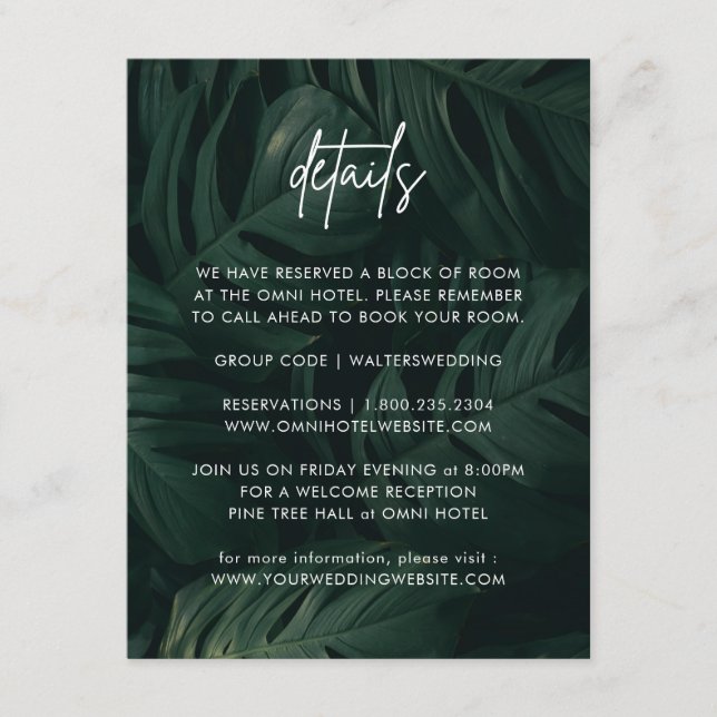 Tarjeta De Recepción Detalles de la boda de destino tropical (Anverso)