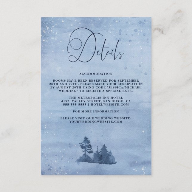 Tarjeta De Recepción Detalles de la Boda de Invierno Azul de los Pinos  (Anverso)