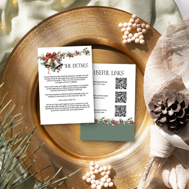Tarjeta De Recepción Detalles de la Boda de Invierno, las campanas y la (Details Enclosure Card from the Holly Bells Wedding Collection by Darling & May)