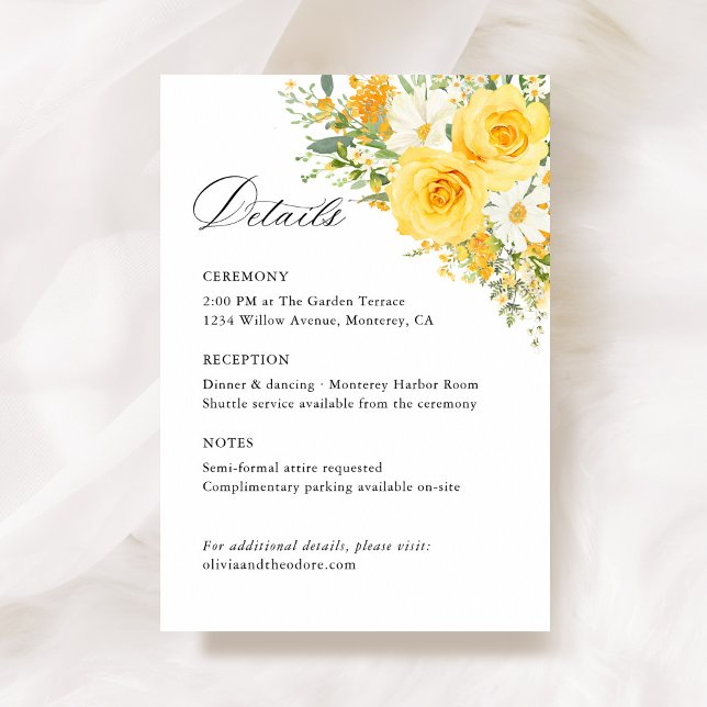 Tarjeta De Recepción Detalles de la boda de rosa floral amarilla, Infor (Yellow floral wedding details card, watercolor roses, garden wedding stationery information card)