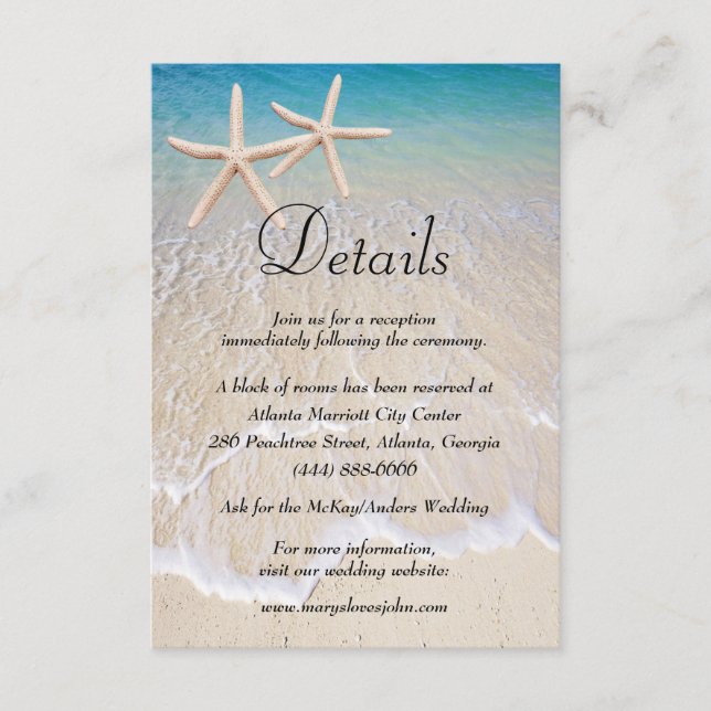Tarjeta De Recepción Detalles de la boda de Starfish Beach (Anverso)