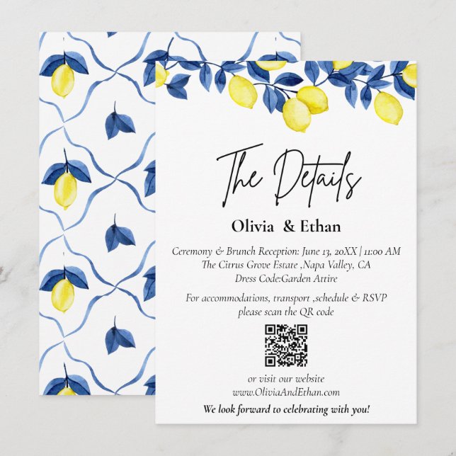 Tarjeta De Recepción Detalles de la Boda del Limón con Código QR (Anverso / Reverso)