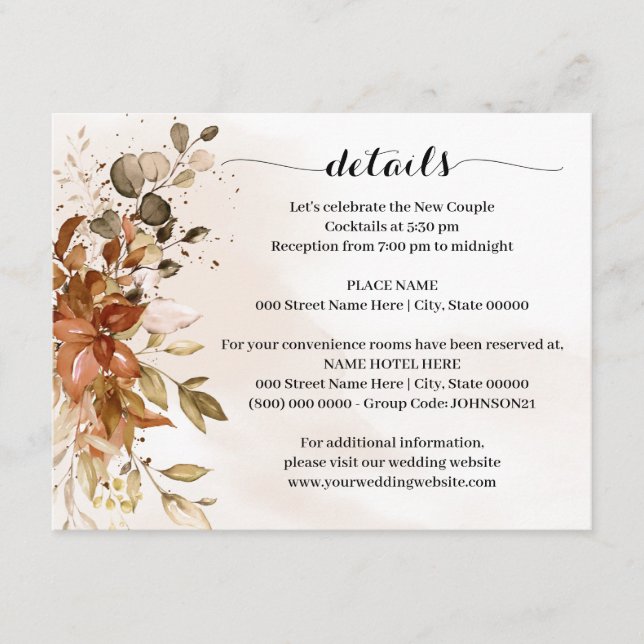 Tarjeta De Recepción Detalles de la boda del otoño del eucalipto (Anverso)