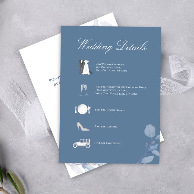 Tarjeta De Recepción Detalles de la Boda Dusty Blue Código QR Enclosure (Dusty blue wedding details card with elegant script and timeline icons for a refined look.)